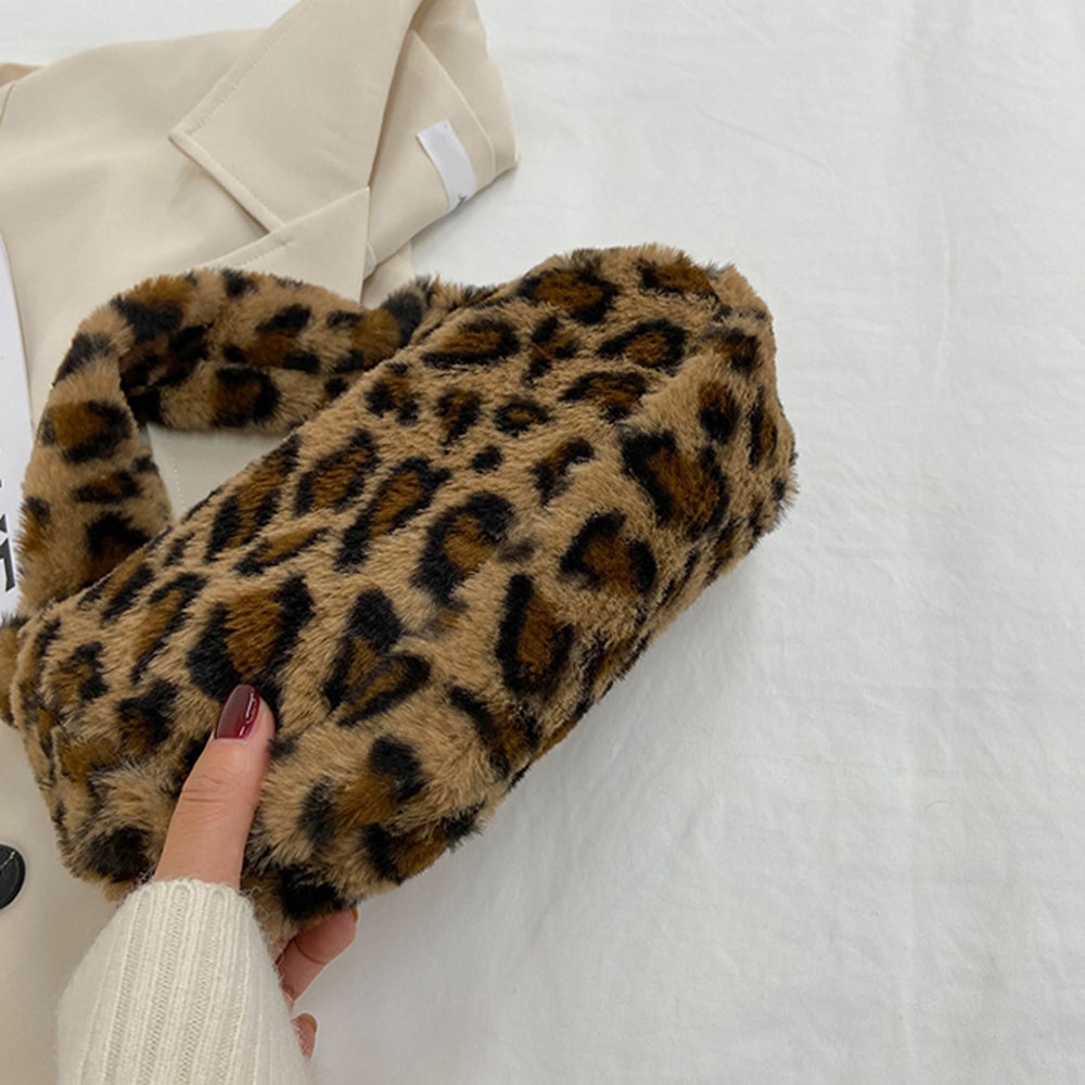 Leopard Print Plush Shoulder Tote Bag for Women