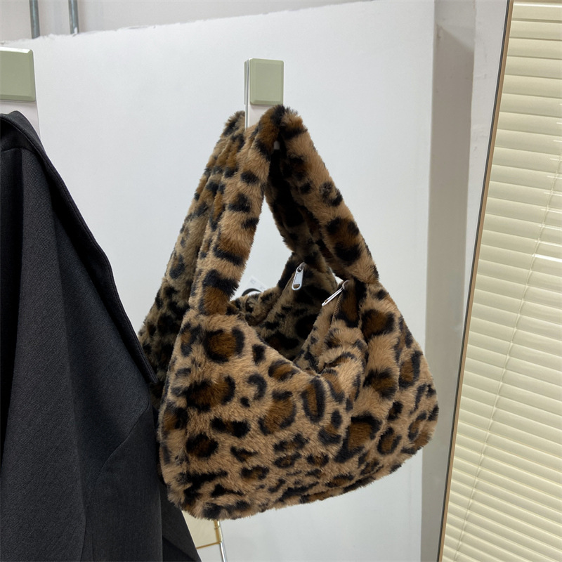 Leopard Print Plush Shoulder Tote Bag for Women