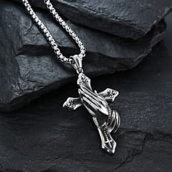 mens cross necklace with praying hands stainless steel faith pendant