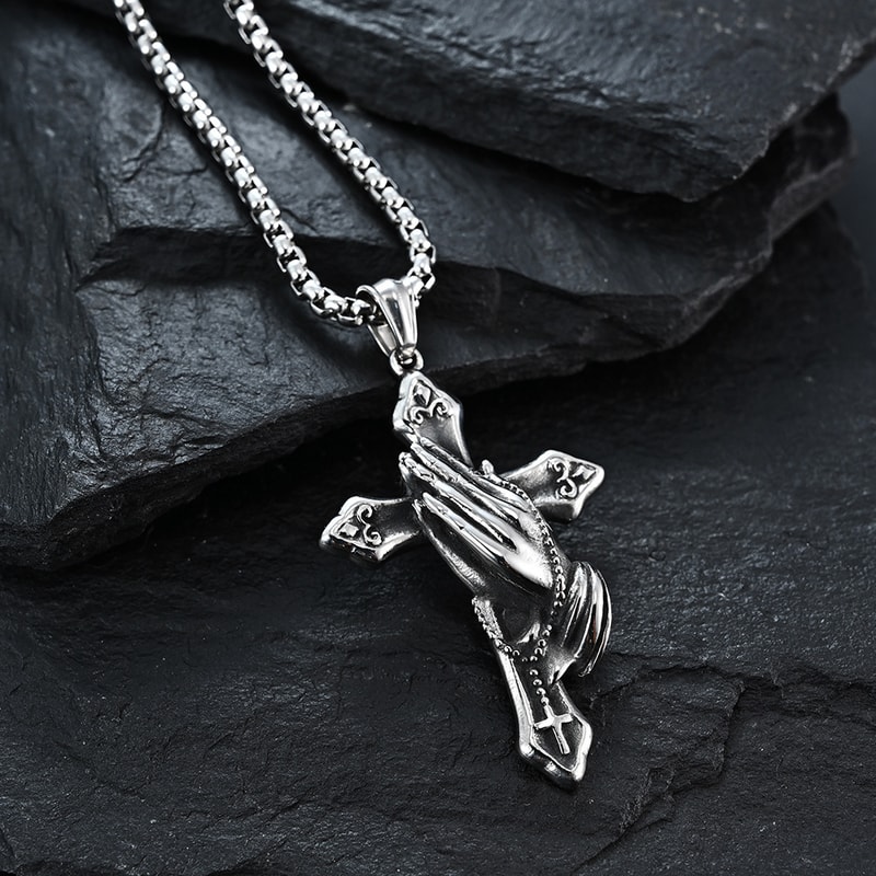 Mens Cross Necklace with Praying Hands Stainless Steel Faith Pendant