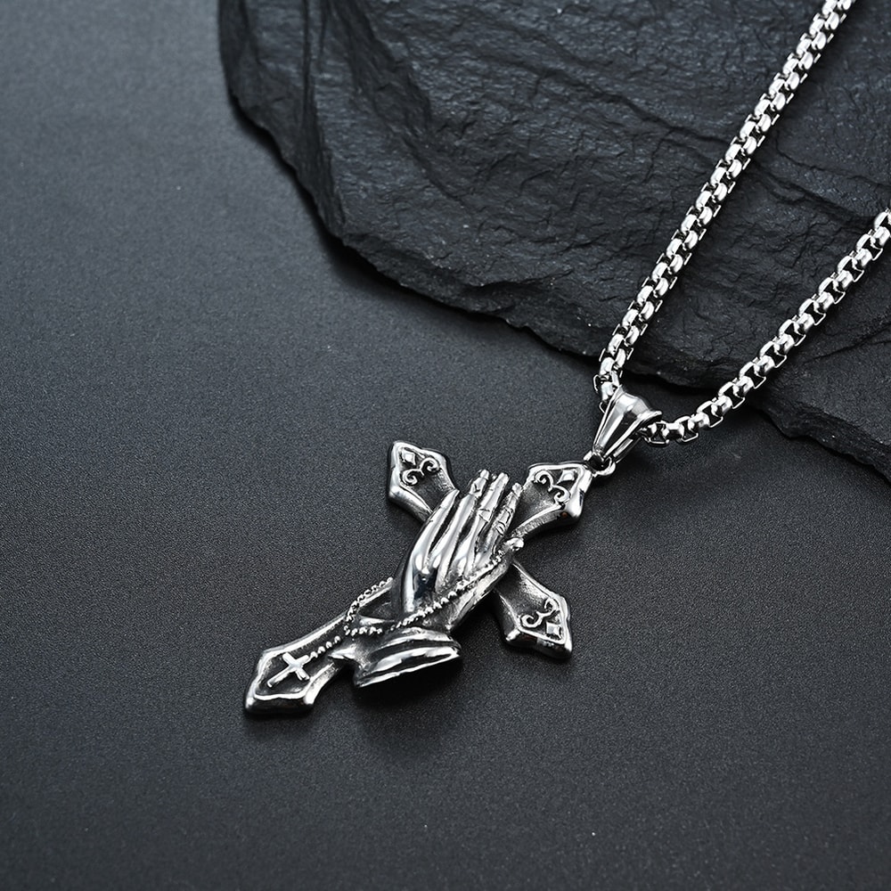 Mens Cross Necklace with Praying Hands Stainless Steel Faith Pendant