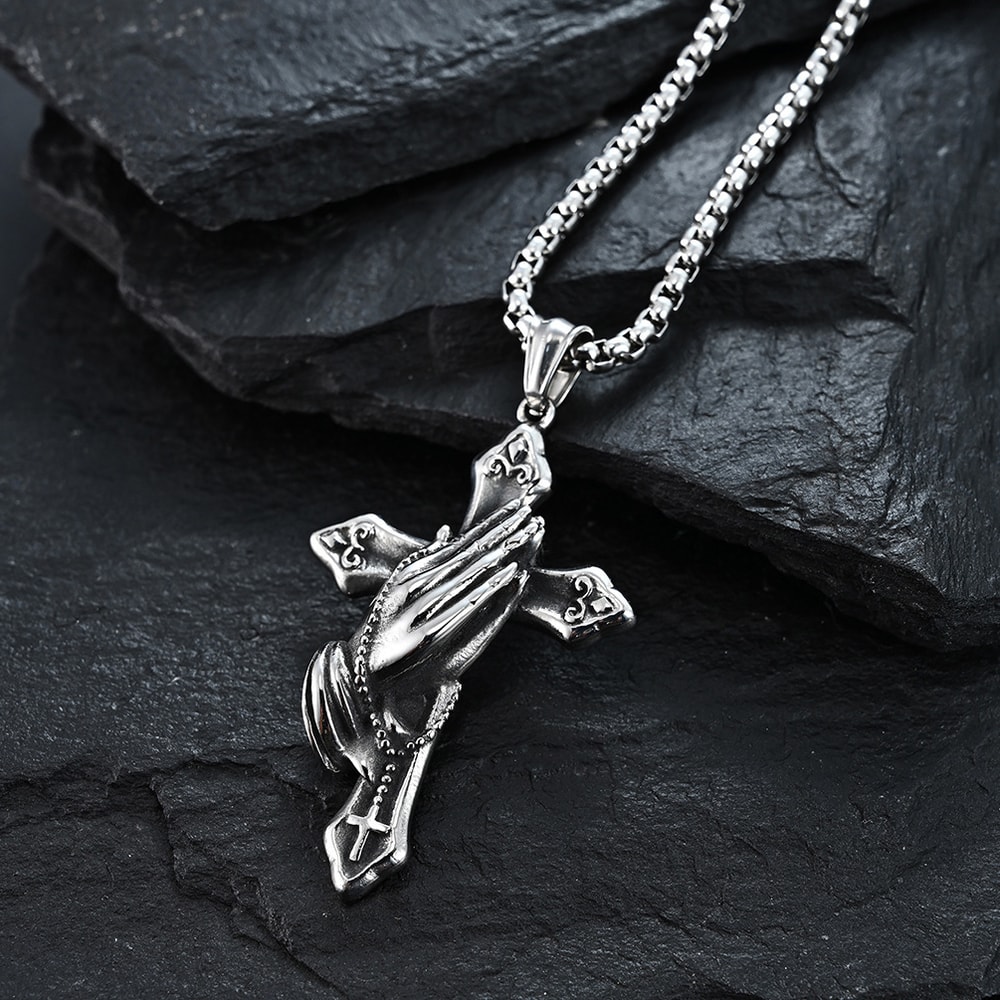 Mens Cross Necklace with Praying Hands Stainless Steel Faith Pendant