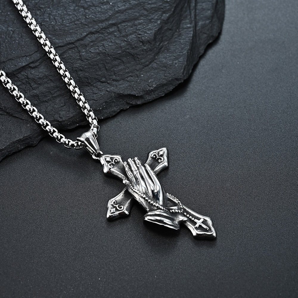 Mens Cross Necklace with Praying Hands Stainless Steel Faith Pendant