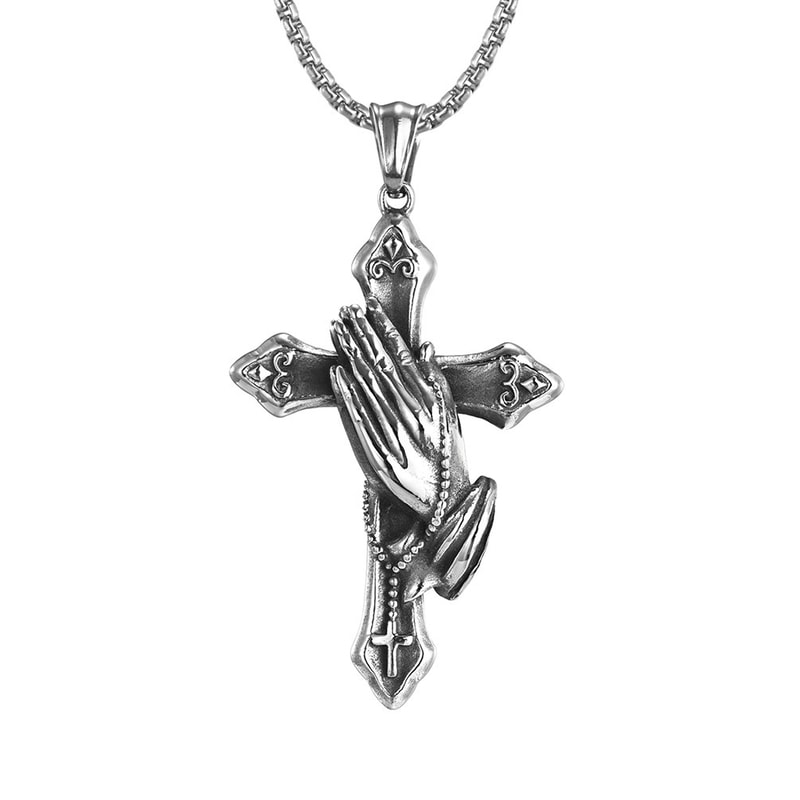 Mens Cross Necklace with Praying Hands Stainless Steel Faith Pendant