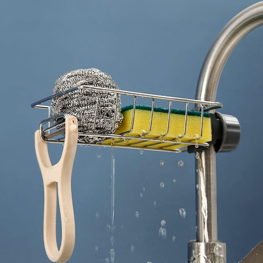 Flexible Faucet Sink Organizer Rack With Drain Tray Sponge Holder For Clutter Free Kitchen Storage 1