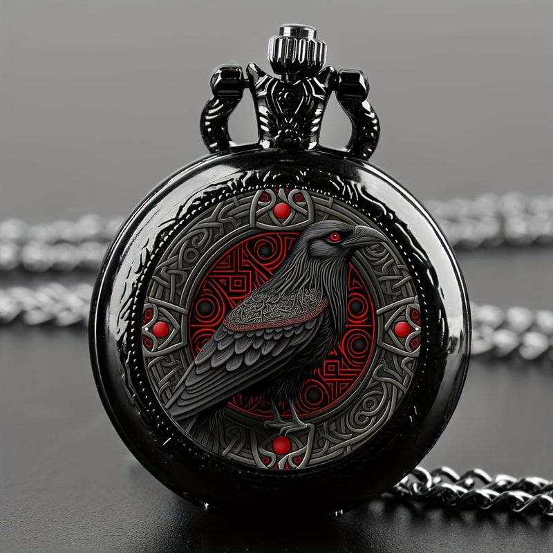 Gothic Raven Pocket Watch Necklace with Quartz Movement