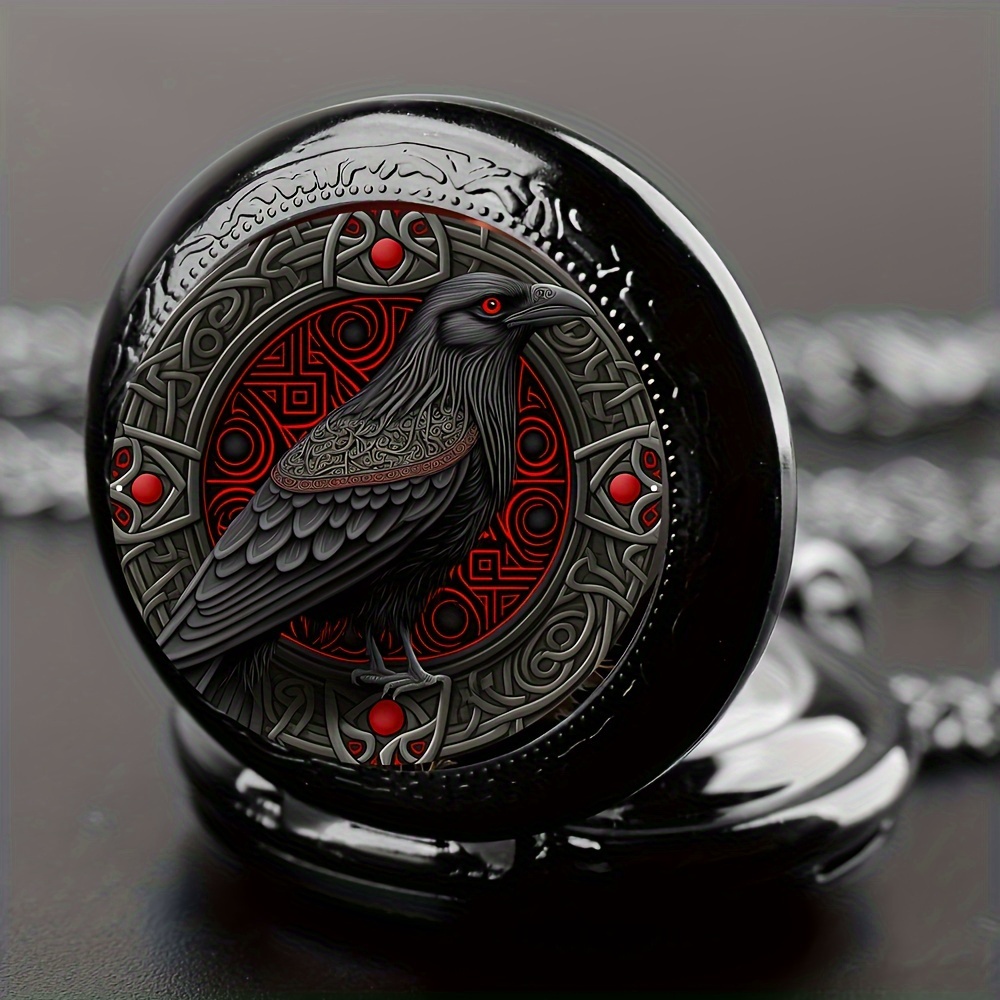 Gothic Raven Pocket Watch Necklace with Quartz Movement