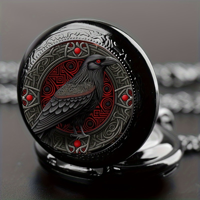 Gothic Raven Pocket Watch Necklace with Quartz Movement