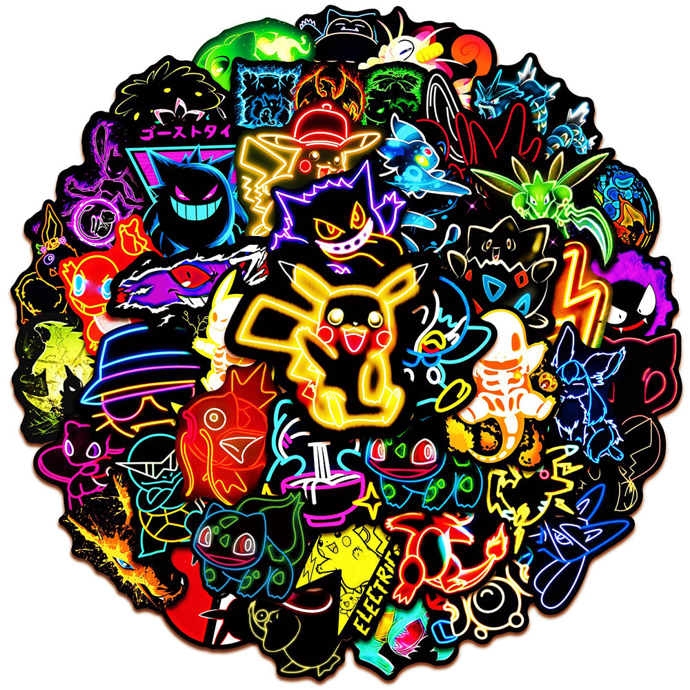 Neon Stickers Pikachu Cartoon Decals for Kids Waterproof DIY Phone & Skateboard Stickers