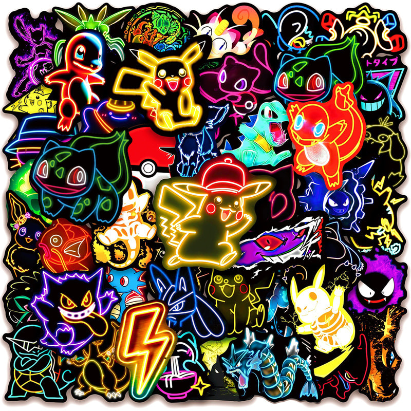 Neon Stickers Pikachu Cartoon Decals for Kids Waterproof DIY Phone & Skateboard Stickers