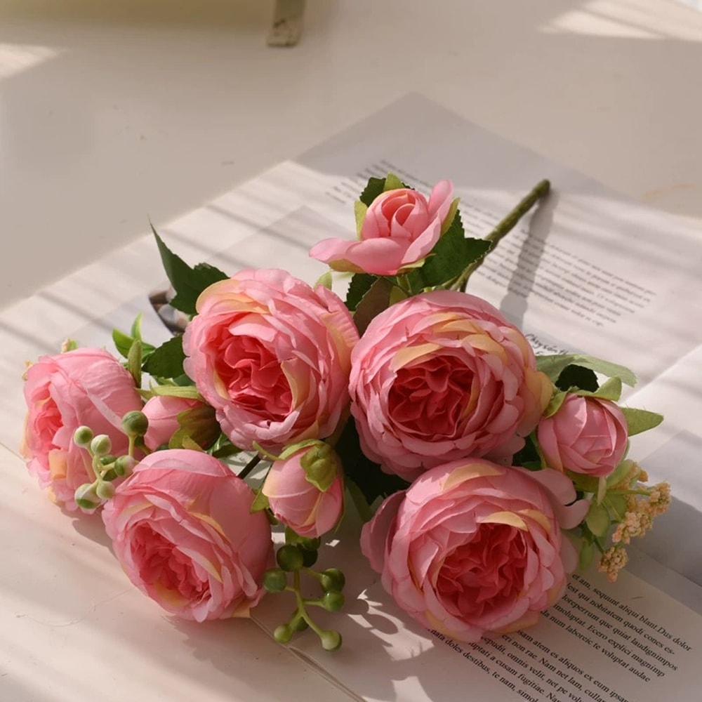 Rose Pink Peony Silk Bouquet Wedding Home Decor Artificial Flower Arrangement 7