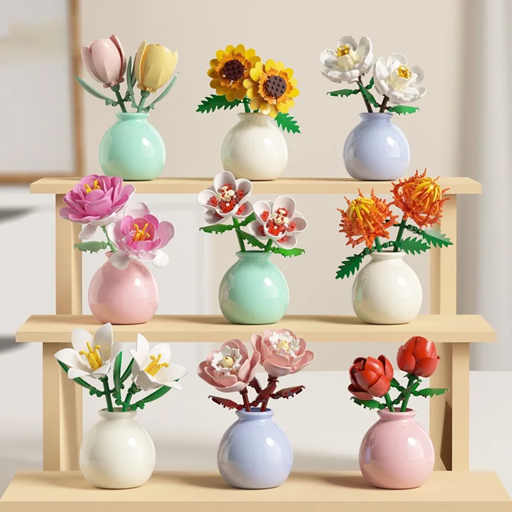 Building Block Flower Pot Set DIY Rose Lily Bouquet With Cute Planter For Home Decor Gifts 0
