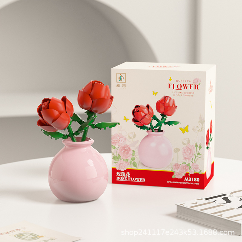 Building Block Flower Pot Set DIY Rose Lily Bouquet With Cute Planter For Home Decor Gifts 2