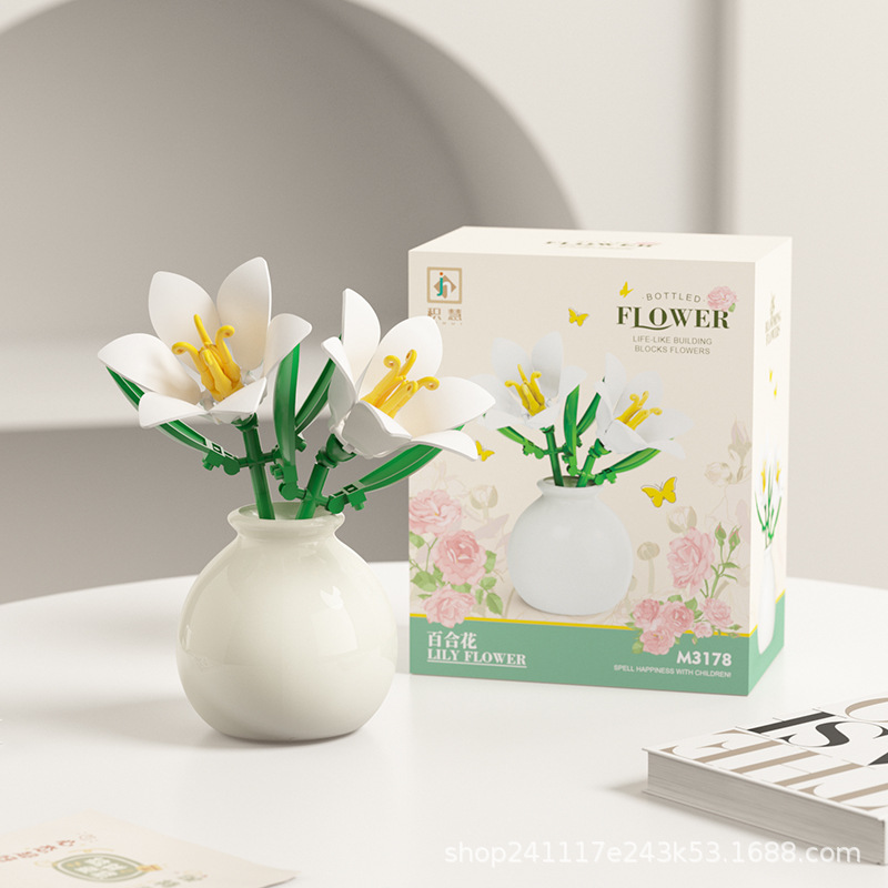 Building Block Flower Pot Set DIY Rose Lily Bouquet With Cute Planter For Home Decor Gifts 4