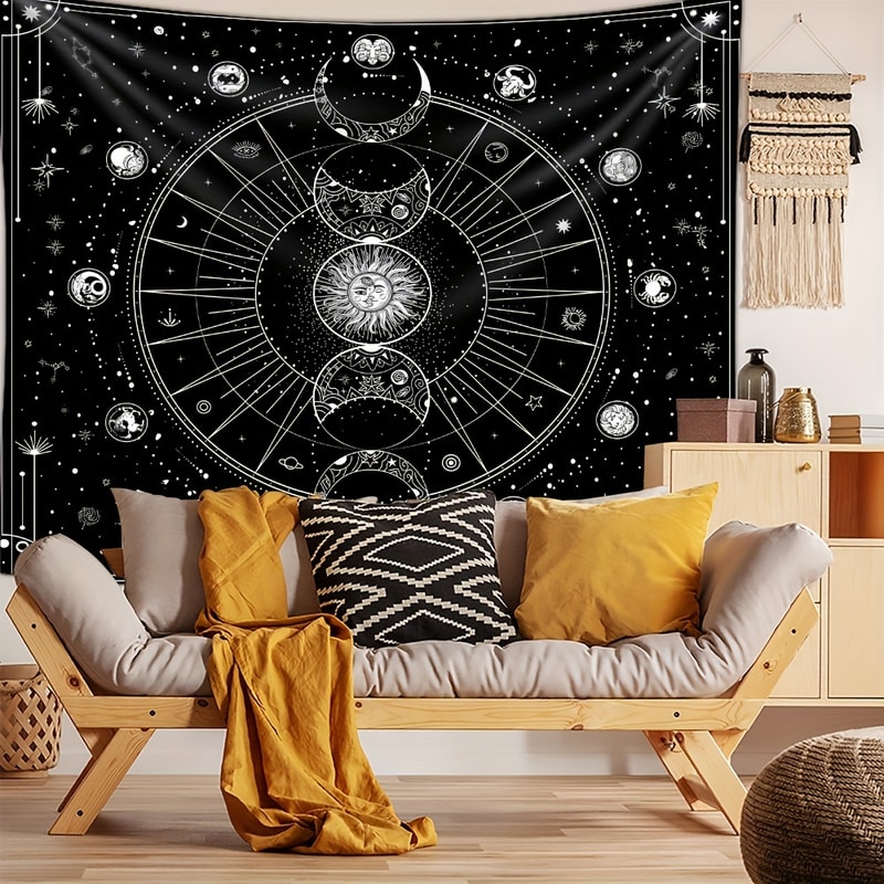 Sun and Moon Horoscope Tapestry Celestial Wall Art for Home Decor