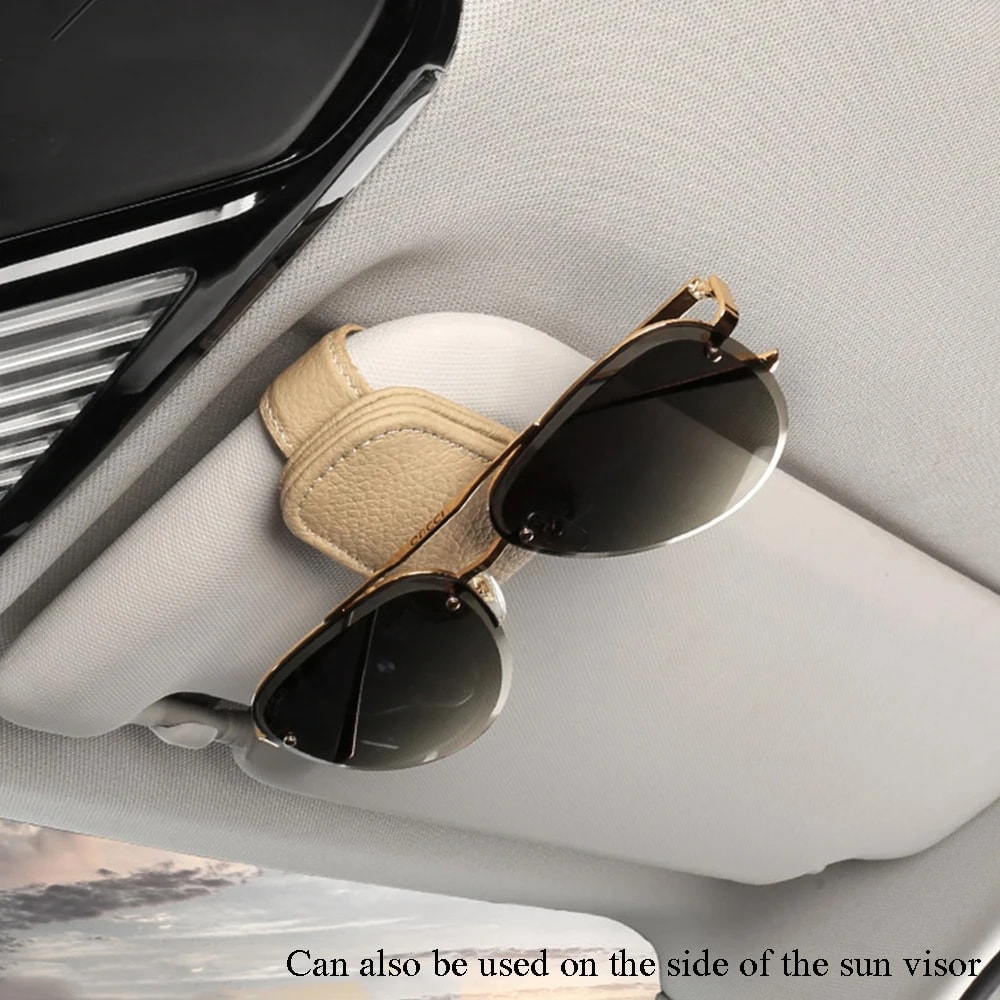Car Sunglasses Holder Premium Cowhide Leather Sun Visor Clip For Glasses Ticket Card Organizer 1