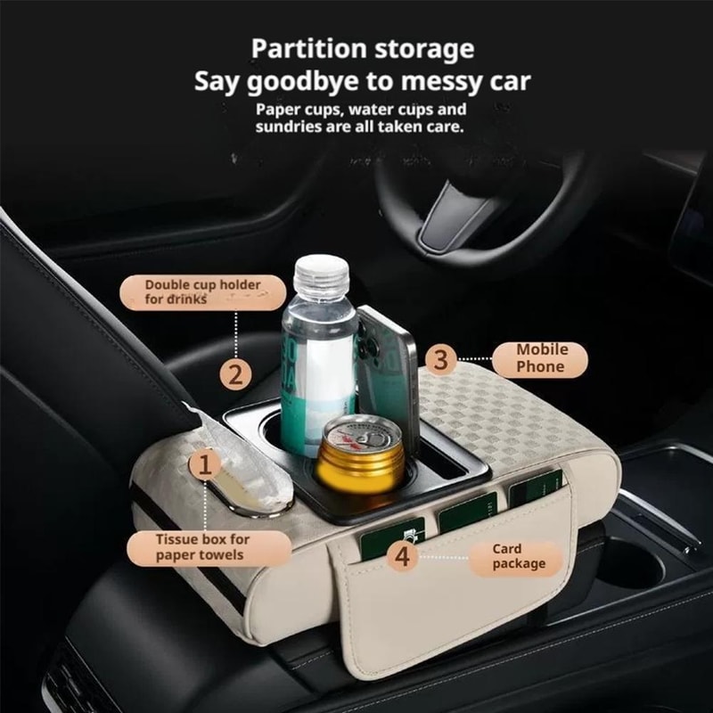Universal Car Armrest Cushion With Cup Holder Tissue Box Multifunctional PU Leather Center Console 1