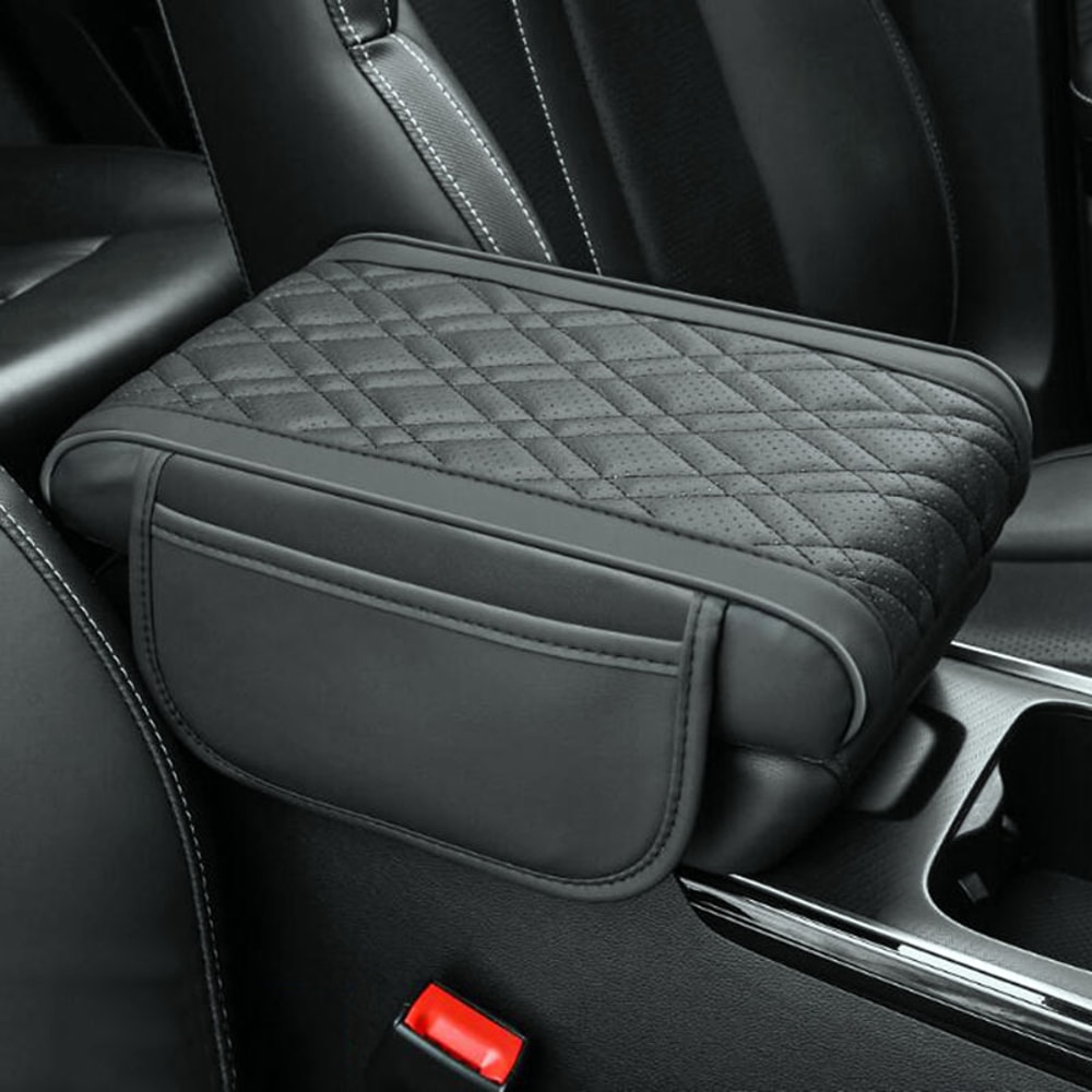 Universal Car Armrest Cushion Pad With Leather Cover Storage Pocket 1