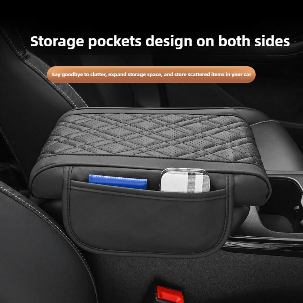 Universal Car Armrest Cushion Pad With Leather Cover Storage Pocket 2