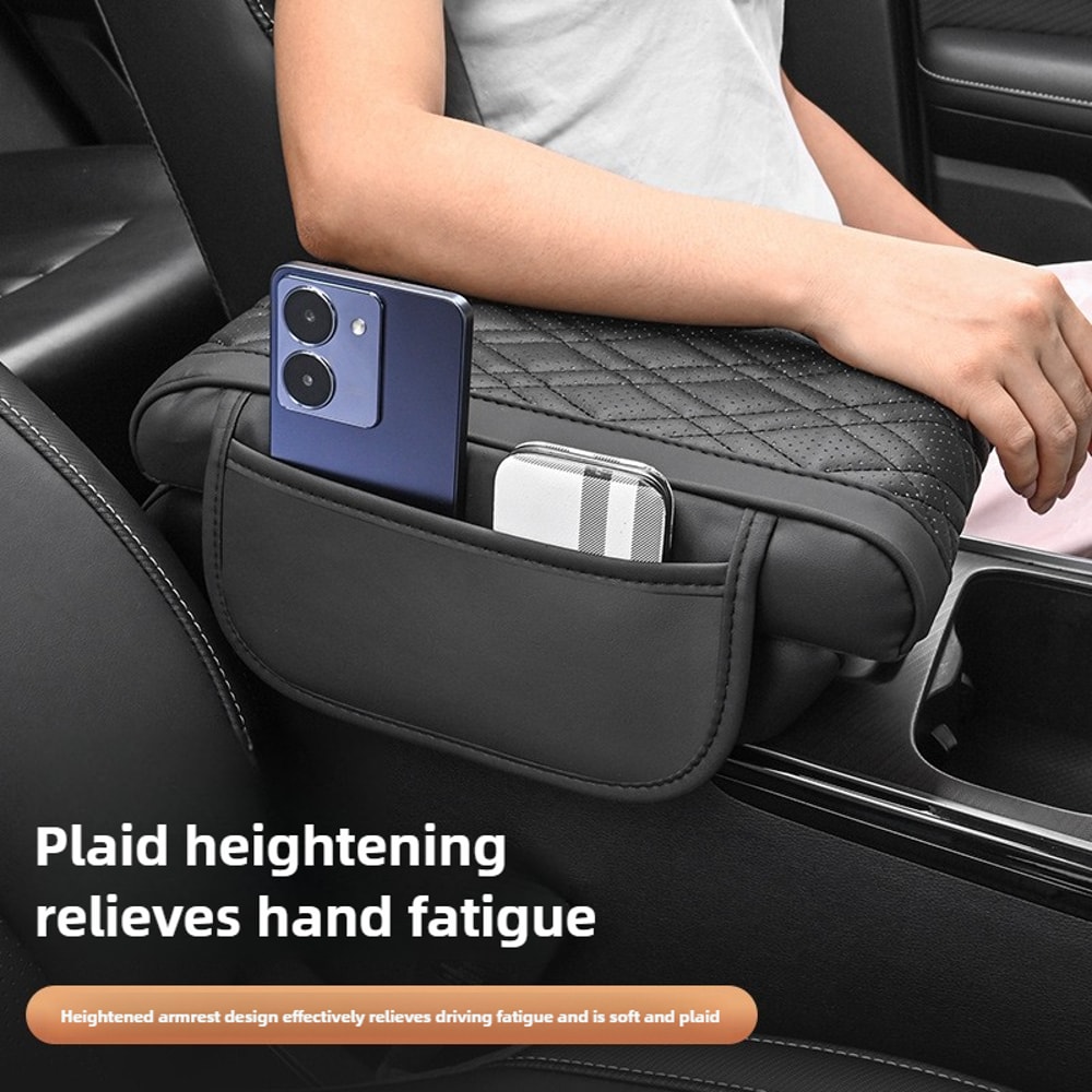 Universal Car Armrest Cushion Pad With Leather Cover Storage Pocket 3