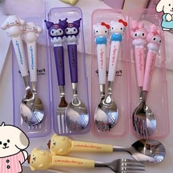 sanrio kids stainless steel cartoon spoon fork set hello kitty & kuromi cute tableware gift