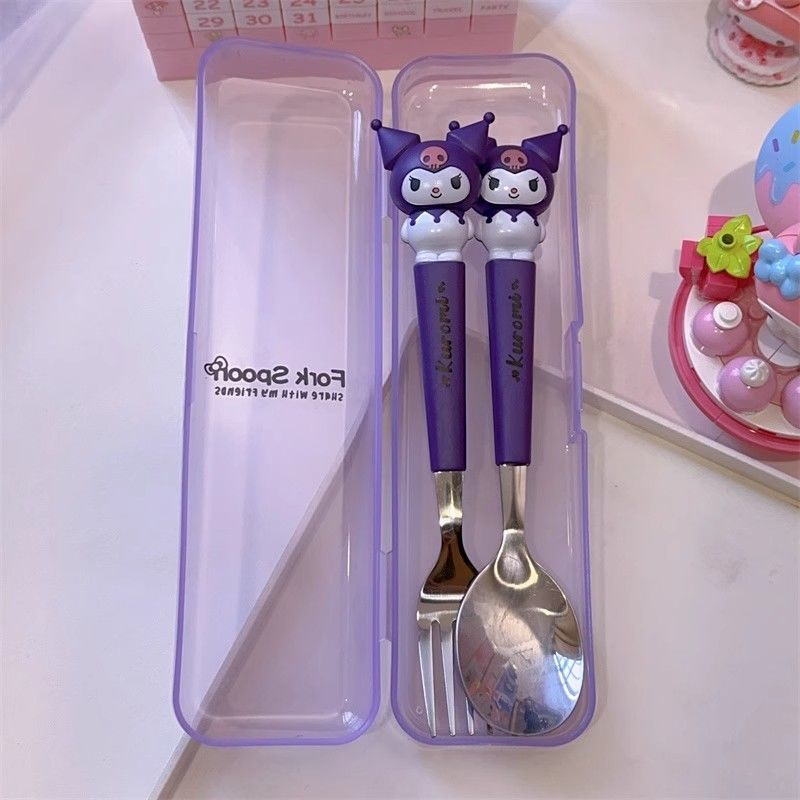 Sanrio Kids Stainless Steel Cartoon Spoon Fork Set Hello Kitty Kuromi Cute Tableware Gift 2