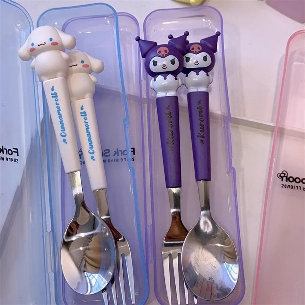 Sanrio Kids Stainless Steel Cartoon Spoon Fork Set Hello Kitty Kuromi Cute Tableware Gift 3