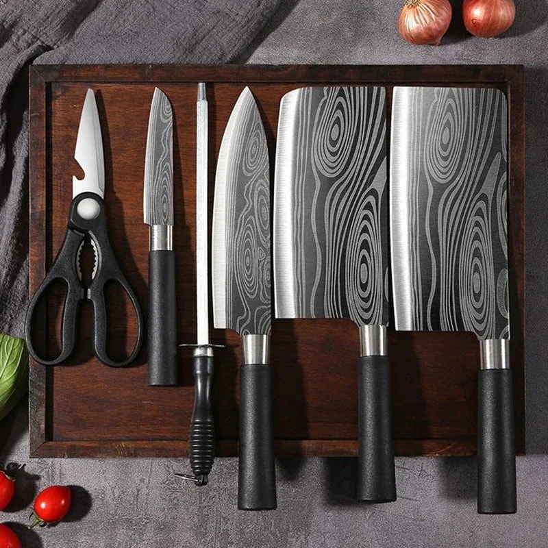 Premium Laser Damascus Kitchen Knife Set With Sharpener Chef Utility Slicing Tools 0
