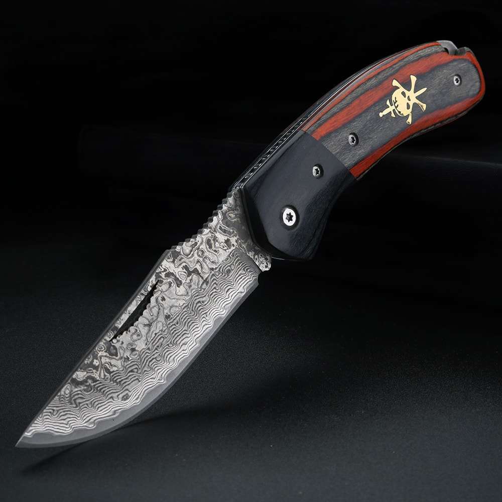 Damascus Pattern Small Camping Knife With Hollow Handle For Outdoor Survival 1