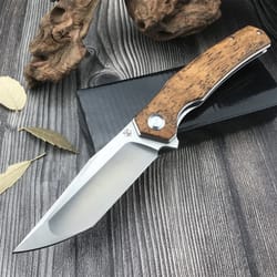 steel folding pocket knife with sandalwood handle for camping