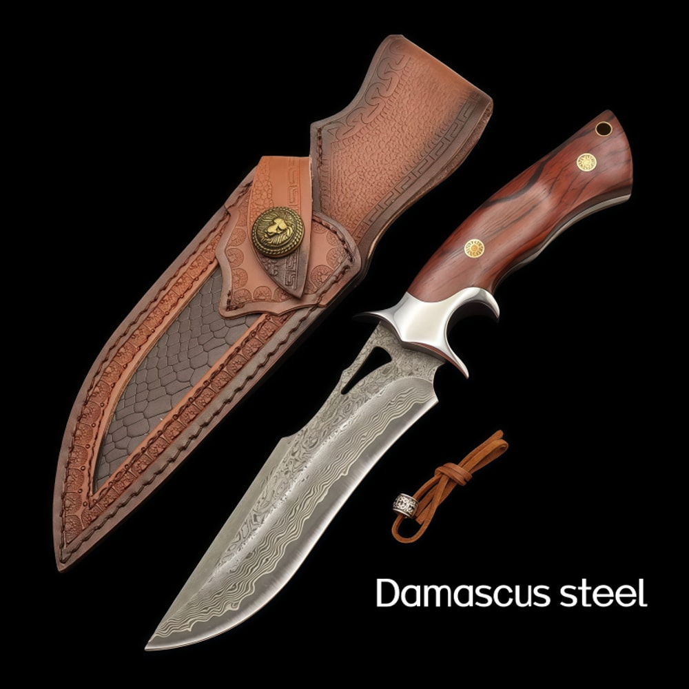 Damascus Steel Small Straight Outdoor Utility Knife for Camping and Fruit Cutting
