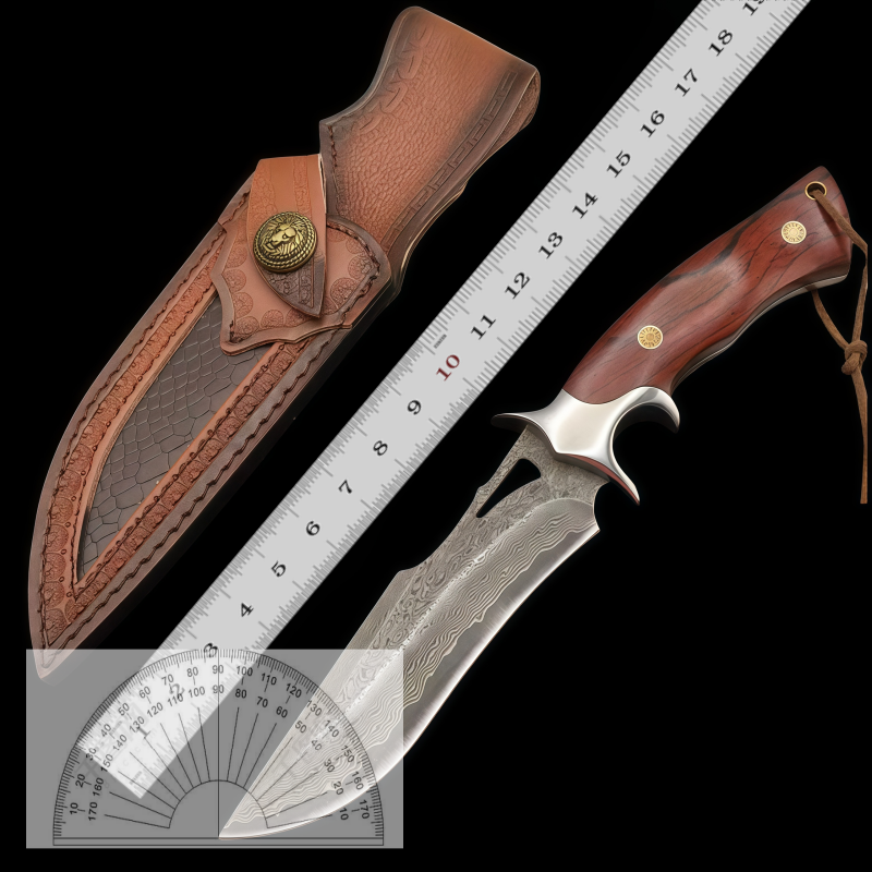 Damascus Steel Small Straight Outdoor Utility Knife for Camping and Fruit Cutting
