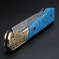 blue damascus folding pocket knife for outdoor, and fruit cutting