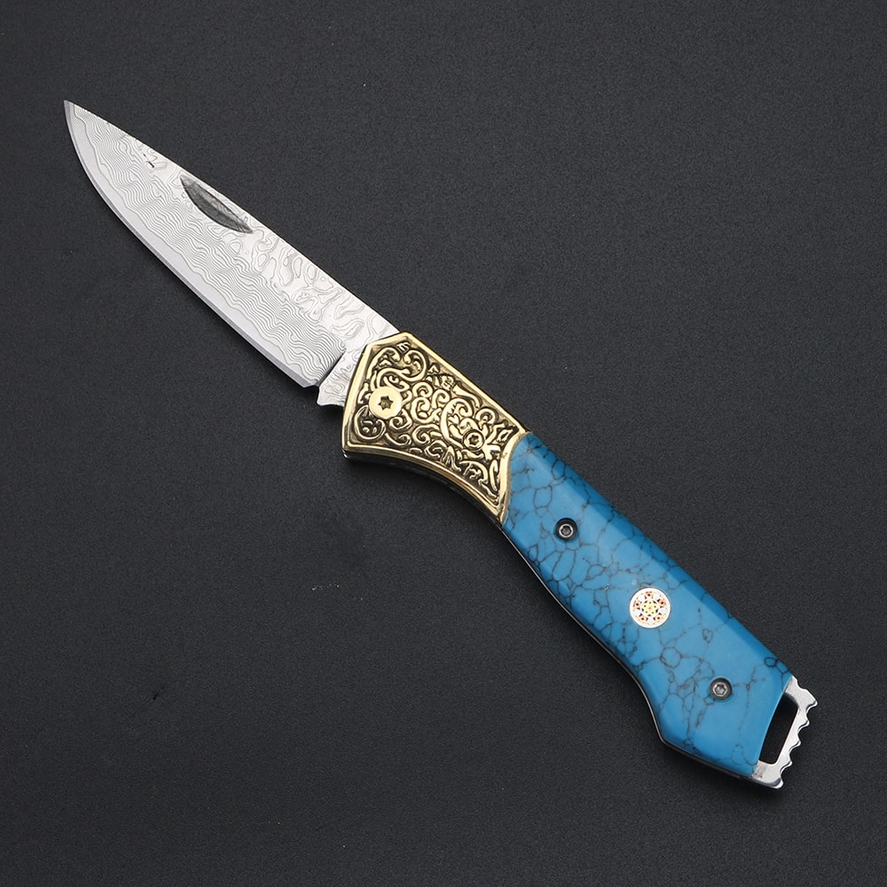 Blue Damascus Folding Pocket Knife for Outdoor, and Fruit Cutting