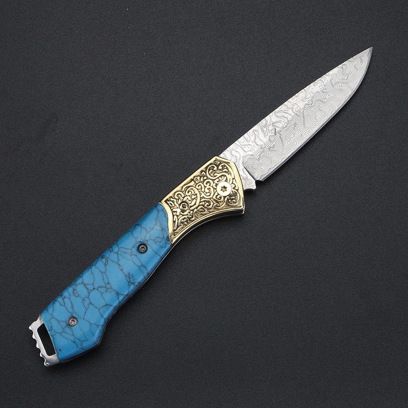 Blue Damascus Folding Pocket Knife for Outdoor, and Fruit Cutting