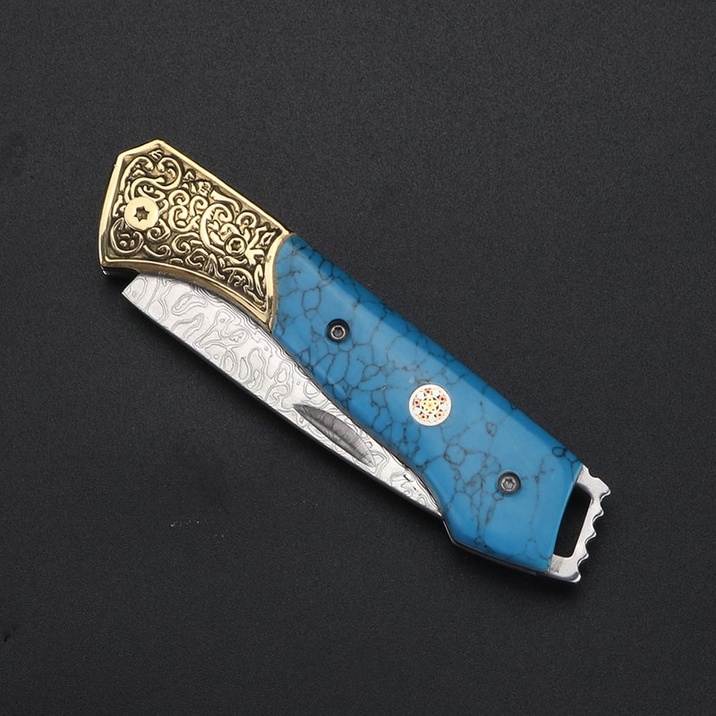 Blue Damascus Folding Pocket Knife for Outdoor, and Fruit Cutting
