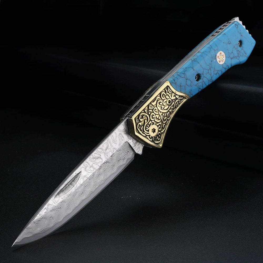 Blue Damascus Folding Pocket Knife for Outdoor, and Fruit Cutting