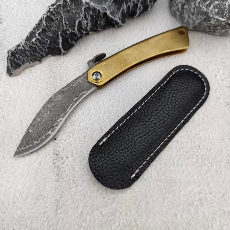 Damascus Folding Camping Pocket Knife with Leather Sheath