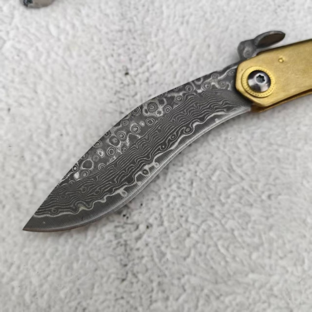 Damascus Folding Camping Pocket Knife with Leather Sheath