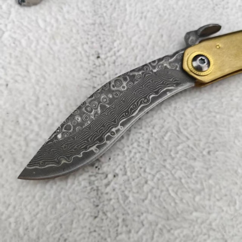 Damascus Folding Camping Pocket Knife with Leather Sheath