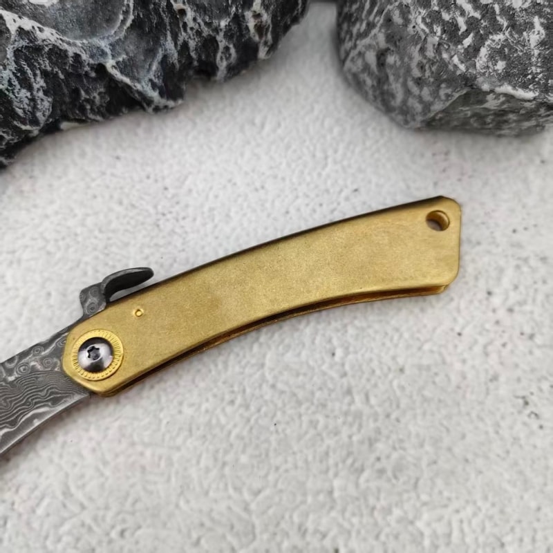 Damascus Folding Camping Pocket Knife with Leather Sheath