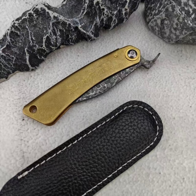 Damascus Folding Camping Pocket Knife with Leather Sheath