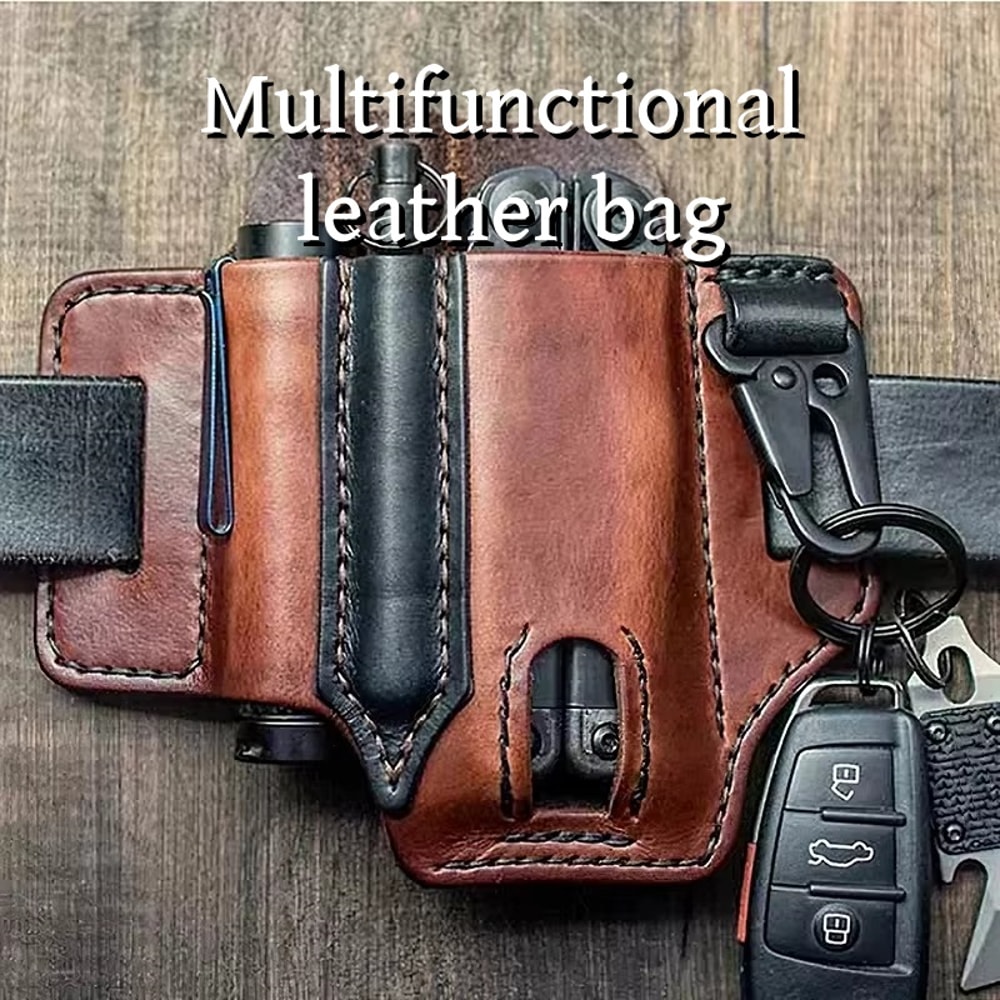 Leather Pouch Multitool Sheath and Flashlight Holder for Belt