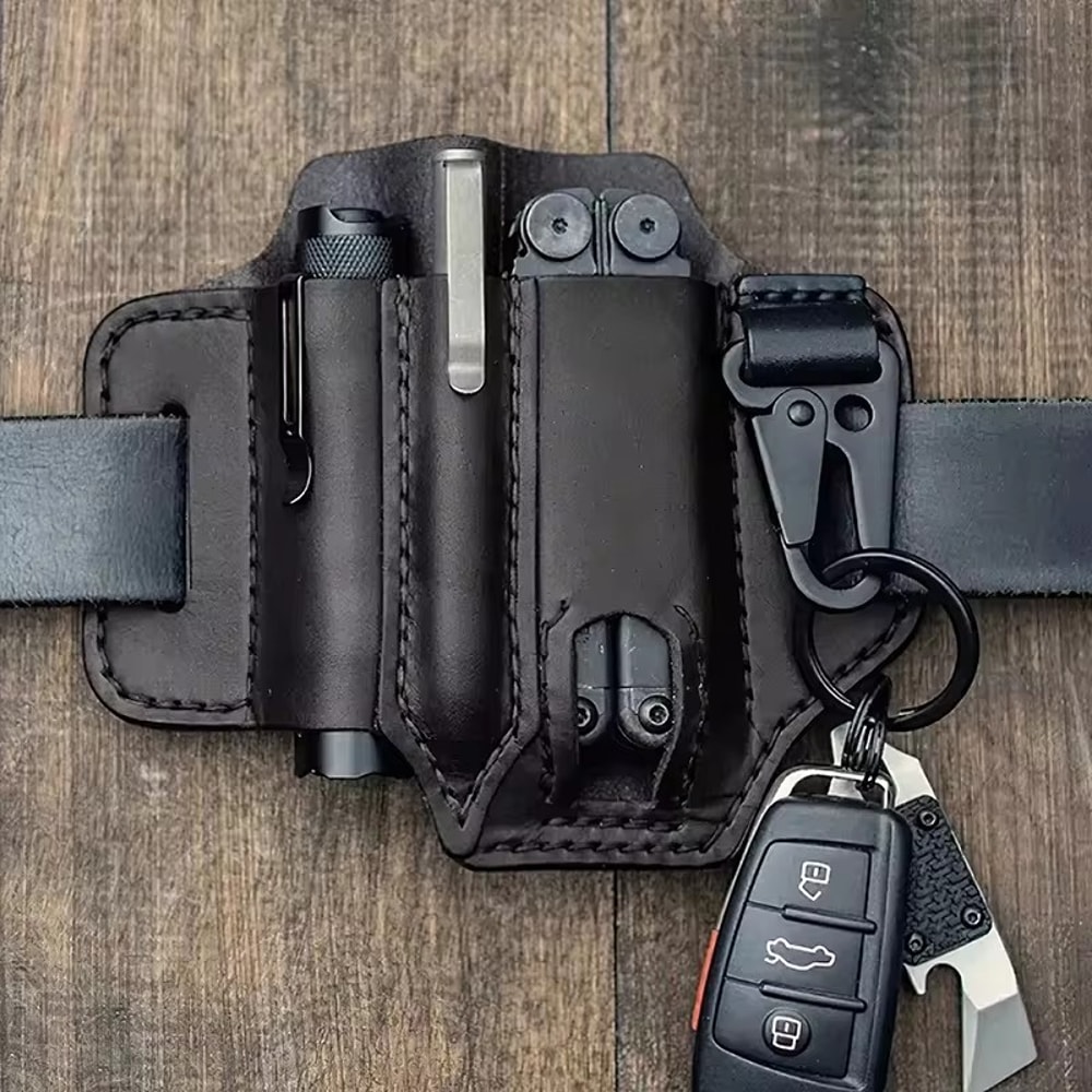 Leather Pouch Multitool Sheath and Flashlight Holder for Belt