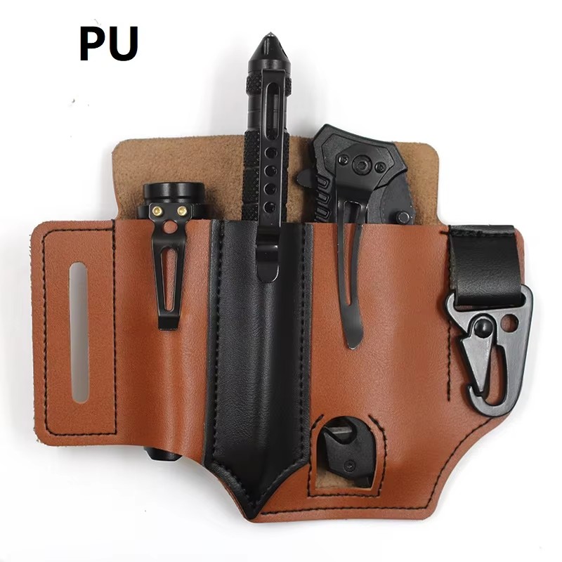 Leather Pouch Multitool Sheath and Flashlight Holder for Belt