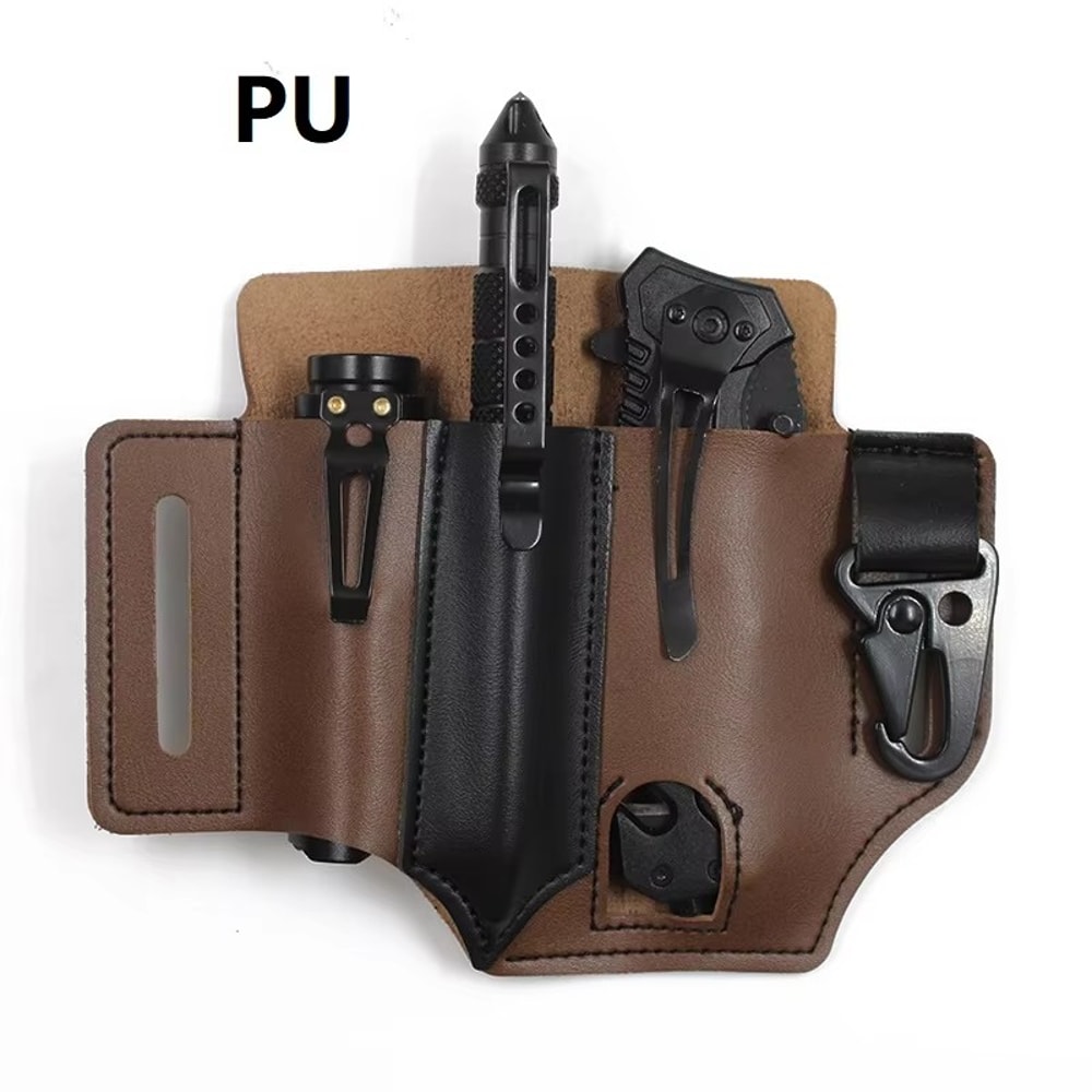 Leather Pouch Multitool Sheath and Flashlight Holder for Belt