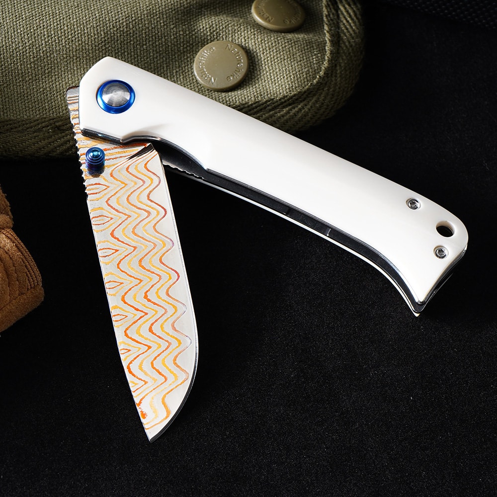 Premium Damascus Folding Knife with Cow Bone Handle Outdoor & Camping Pocket Knife