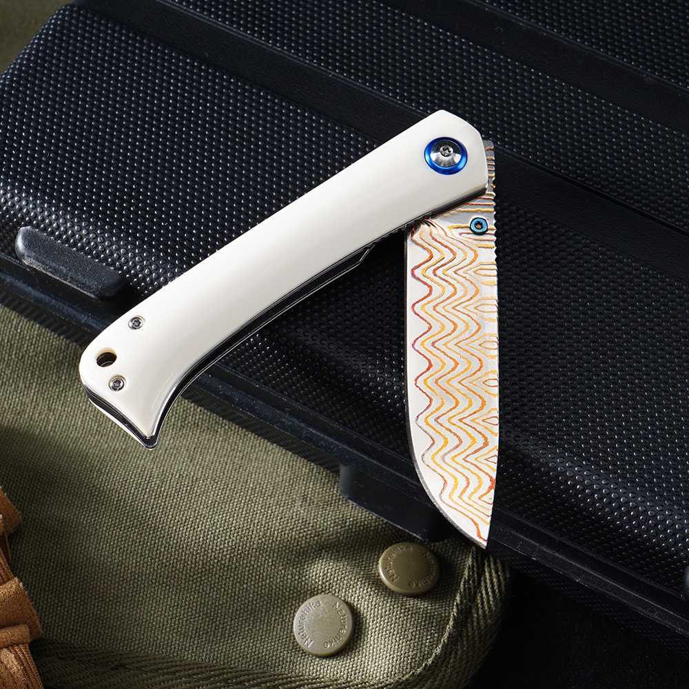 Premium Damascus Folding Knife with Cow Bone Handle Outdoor & Camping Pocket Knife