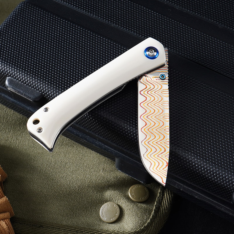 Premium Damascus Folding Knife with Cow Bone Handle Outdoor & Camping Pocket Knife