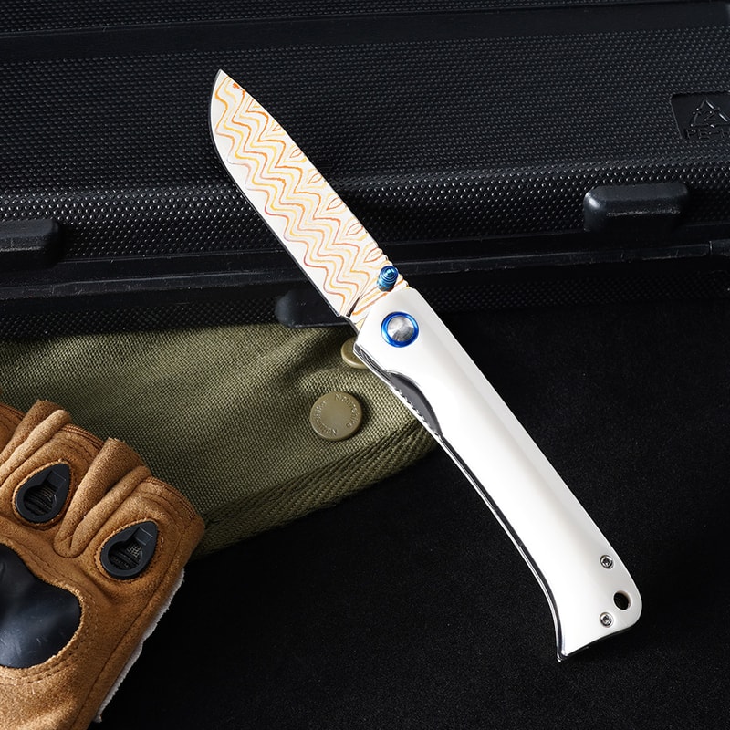 Premium Damascus Folding Knife with Cow Bone Handle Outdoor & Camping Pocket Knife